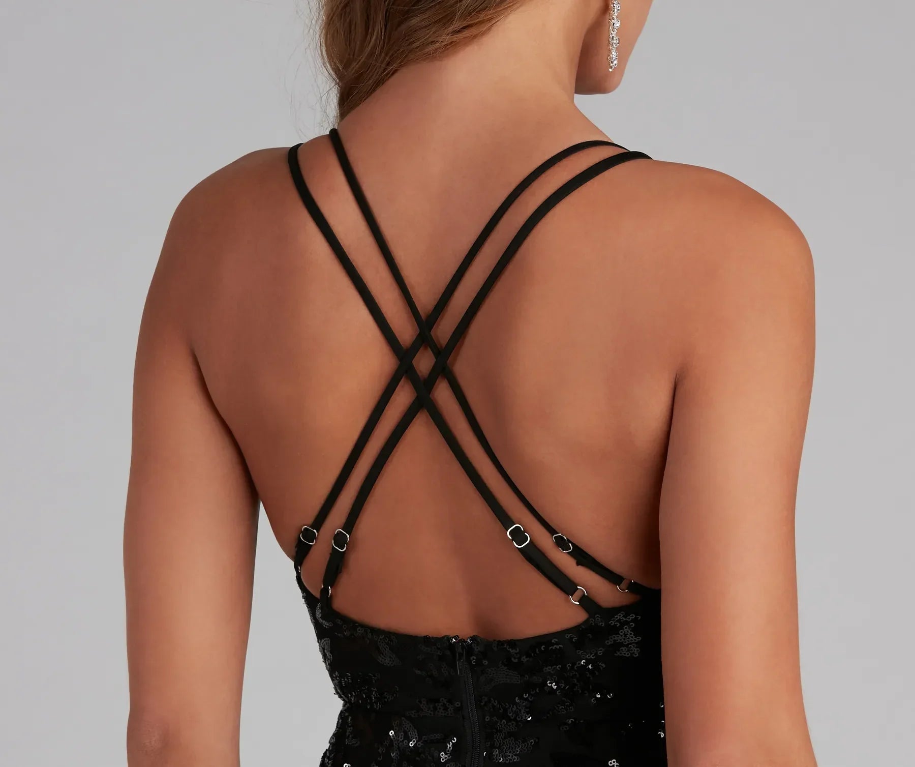 Emely Sequin Mesh Double X-Back Midi Formal Dress