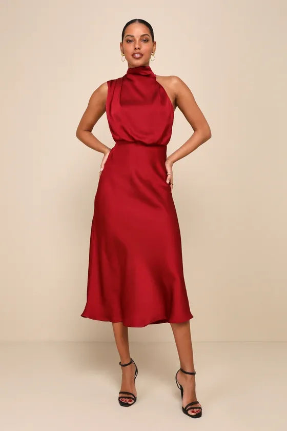 Distinctive Charm Burgundy Satin Asymmetrical Midi Dress