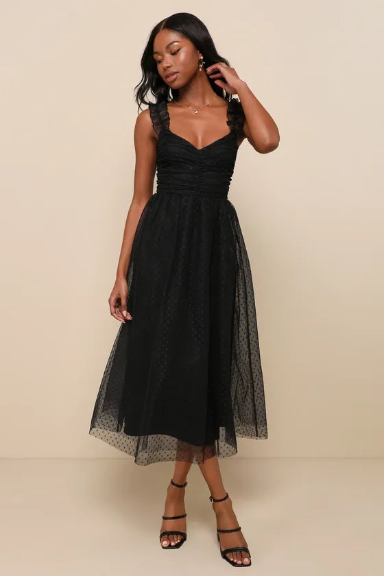 Forever Celebrated Black Swiss Dot Ruched Tulle Midi Dress