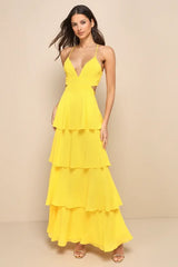 Tier and Now Yellow Tie-Back Tiered Maxi Dress