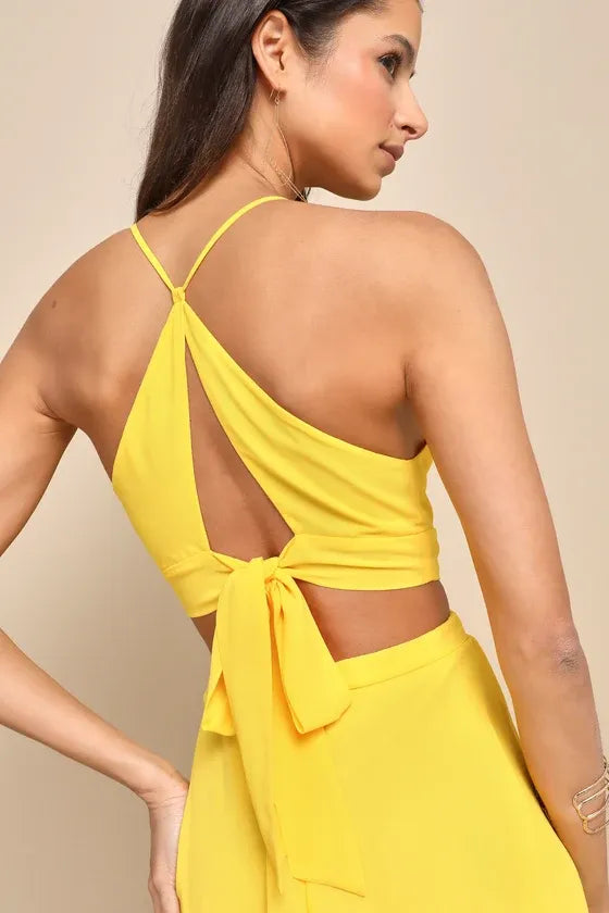 Tier and Now Yellow Tie-Back Tiered Maxi Dress