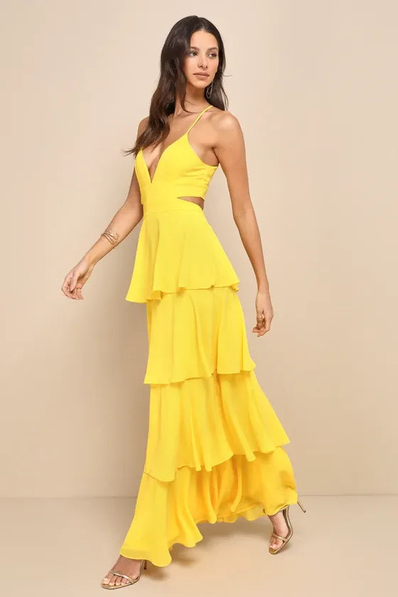 Tier and Now Yellow Tie-Back Tiered Maxi Dress