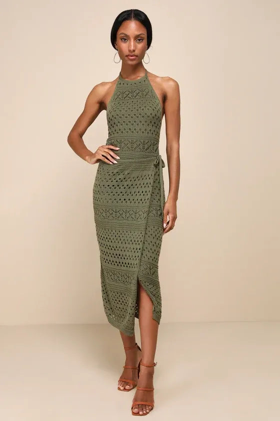 Blissful Strolls Olive Green Crochet Faux-Wrap Halter Midi Dress