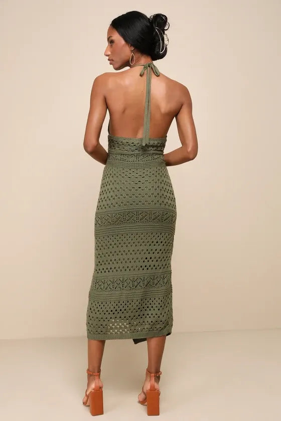 Blissful Strolls Olive Green Crochet Faux-Wrap Halter Midi Dress