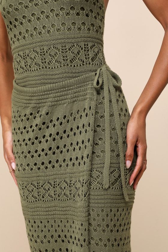 Blissful Strolls Olive Green Crochet Faux-Wrap Halter Midi Dress