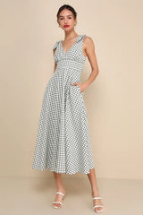 Sweetest Posture Navy and Cream Gingham Midi Dress With Pockets