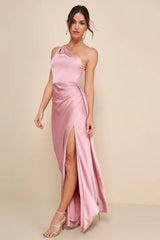 Signature Elegance Rose Satin One-Shoulder Maxi Dress