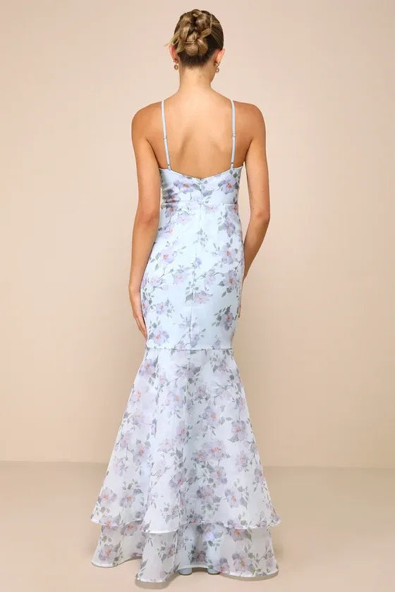 Pure Splendor Light Blue Floral Organza Trumpet Maxi Dress