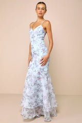 Pure Splendor Light Blue Floral Organza Trumpet Maxi Dress