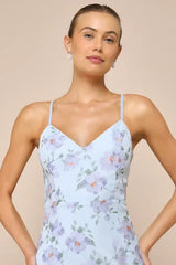 Pure Splendor Light Blue Floral Organza Trumpet Maxi Dress