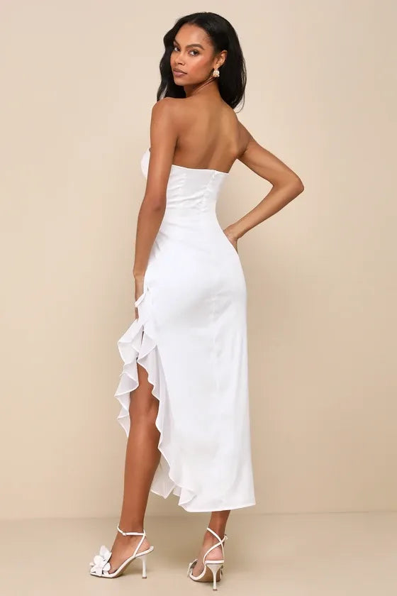 Graceful Perfection White Satin Ruffled Strapless Midi Dress