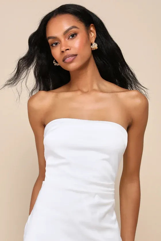 Graceful Perfection White Satin Ruffled Strapless Midi Dress