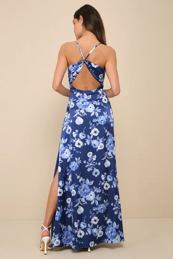 Wondrous Allure Navy Blue Floral Satin Backless Maxi Dress