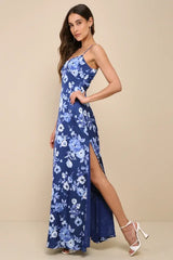 Wondrous Allure Navy Blue Floral Satin Backless Maxi Dress