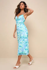Total Crush Teal Floral Print Mesh Lace-Up Midi Dress