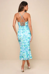 Total Crush Teal Floral Print Mesh Lace-Up Midi Dress