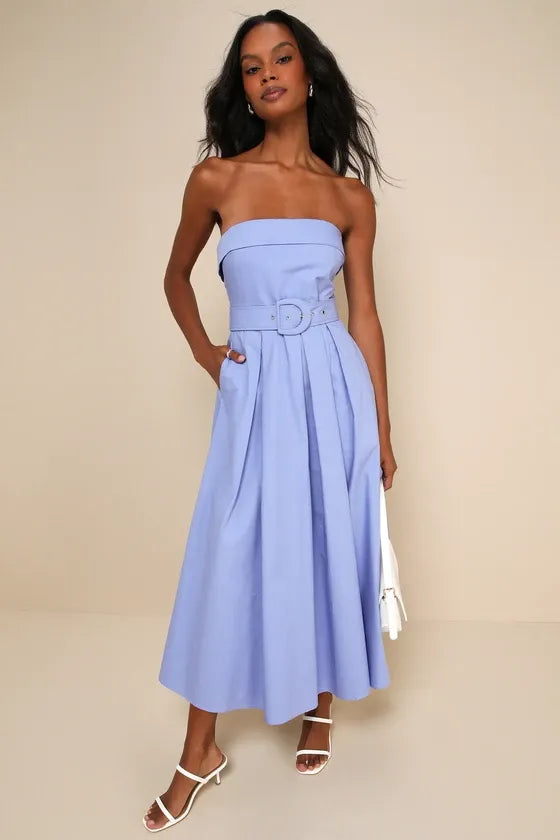 Trendsetting Choice Periwinkle Strapless Midi Dress With Pockets