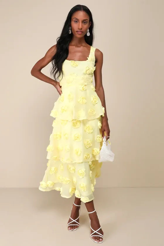 Exceptional Entrance Yellow Sleeveless Tiered Rosette Midi Dress