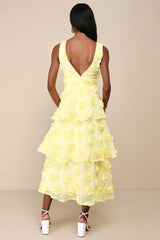 Exceptional Entrance Yellow Sleeveless Tiered Rosette Midi Dress