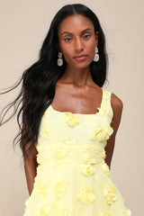 Exceptional Entrance Yellow Sleeveless Tiered Rosette Midi Dress