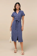 Italian Summer Dark Blue Linen Button-Up Short Sleeve Midi Dress
