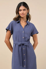 Italian Summer Dark Blue Linen Button-Up Short Sleeve Midi Dress