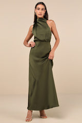 Distinctive Charm Olive Green Satin Asymmetrical Midi Dress