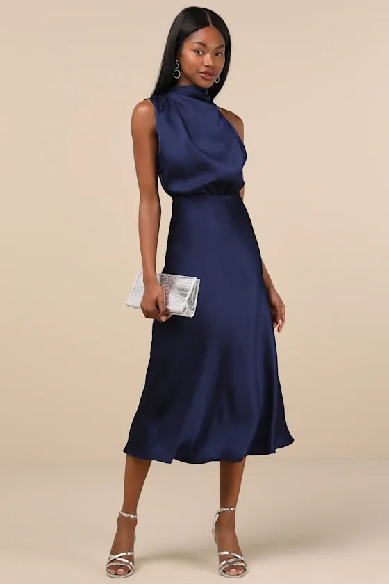 Distinctive Charm Navy Satin Asymmetrical Midi Dress