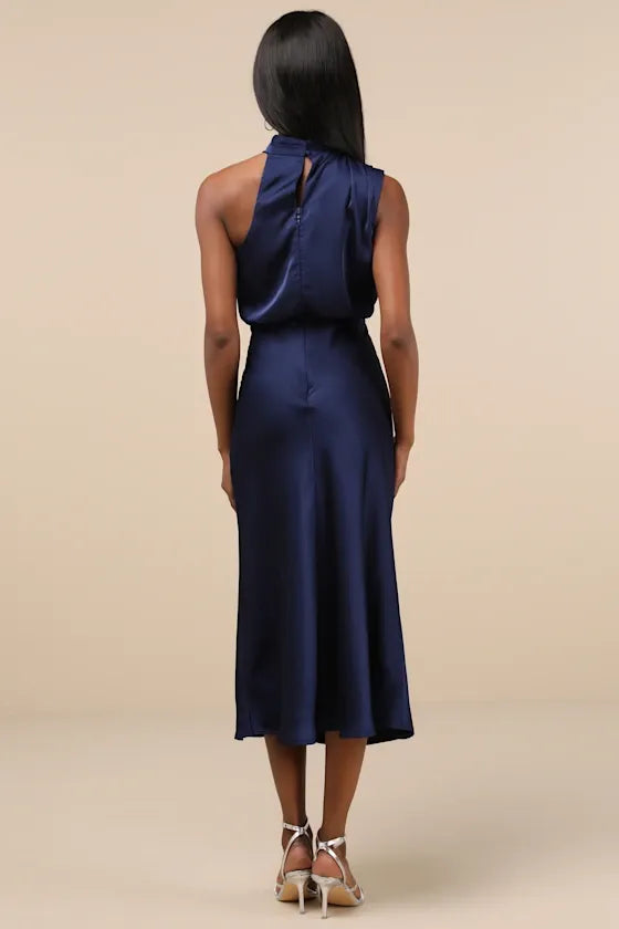 Distinctive Charm Navy Satin Asymmetrical Midi Dress