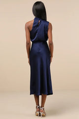 Distinctive Charm Navy Satin Asymmetrical Midi Dress