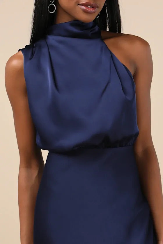 Distinctive Charm Navy Satin Asymmetrical Midi Dress