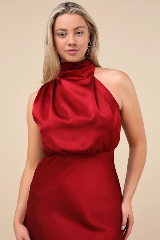 Distinctive Charm Burgundy Satin Asymmetrical Midi Dress