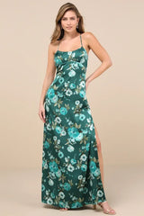Wondrous Allure Green Floral Satin Backless Maxi Dress
