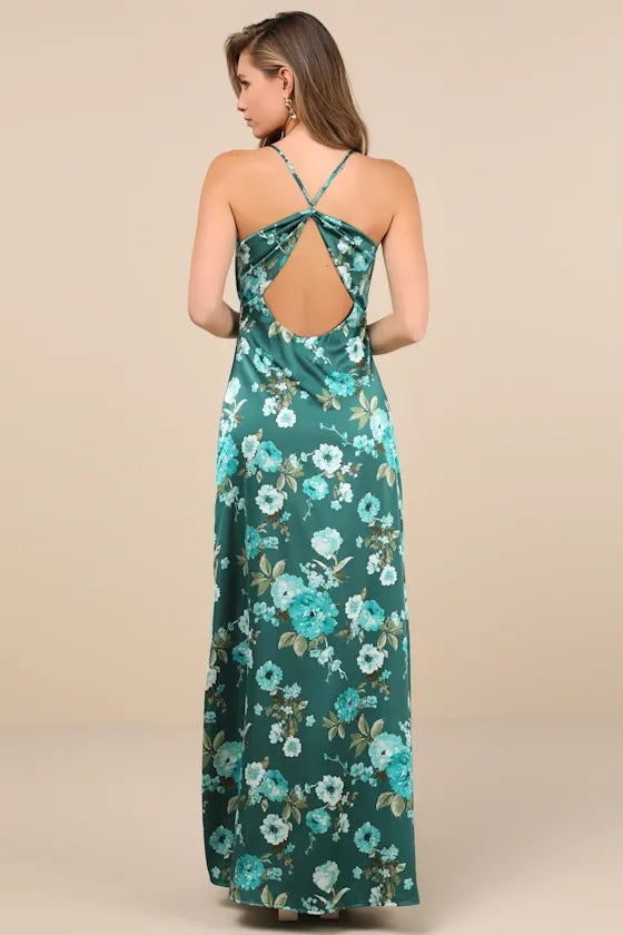 Wondrous Allure Green Floral Satin Backless Maxi Dress