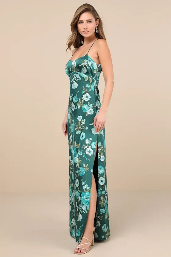 Wondrous Allure Green Floral Satin Backless Maxi Dress