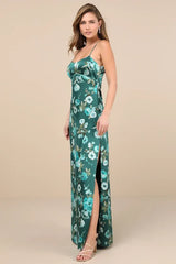 Wondrous Allure Green Floral Satin Backless Maxi Dress