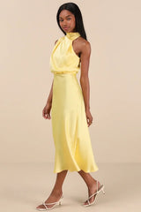 Distinctive Charm Yellow Satin Asymmetrical Midi Dress