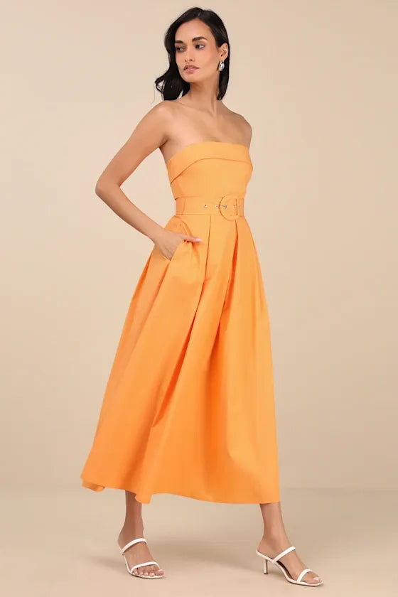 Trendsetting Choice Orange Strapless Midi Dress With Pockets