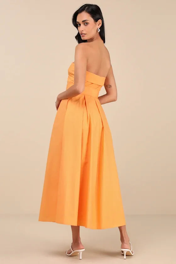 Trendsetting Choice Orange Strapless Midi Dress With Pockets