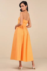 Trendsetting Choice Orange Strapless Midi Dress With Pockets