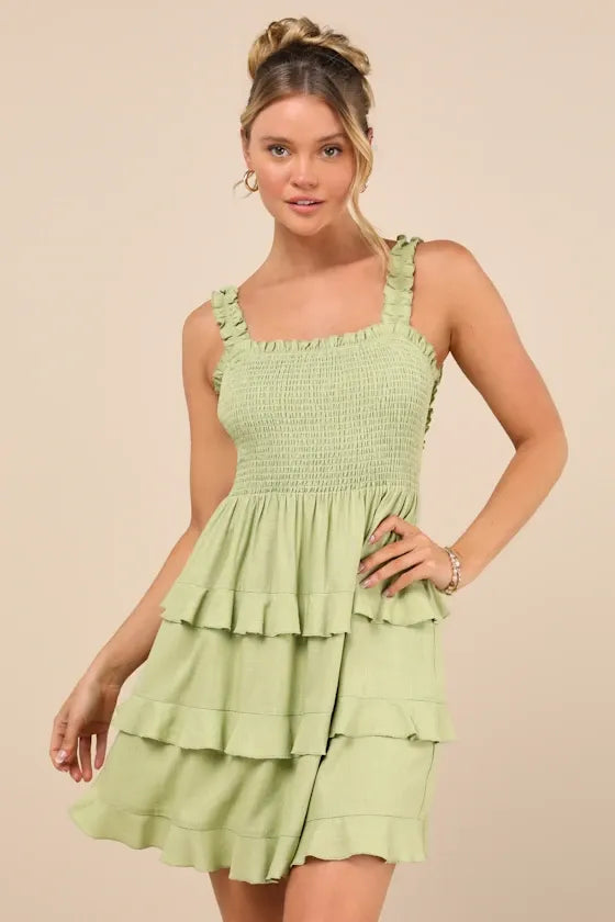 Super Sweet Lime Green Smocked Ruffled Tie-Back Mini Dress