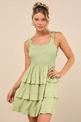 Super Sweet Lime Green Smocked Ruffled Tie-Back Mini Dress