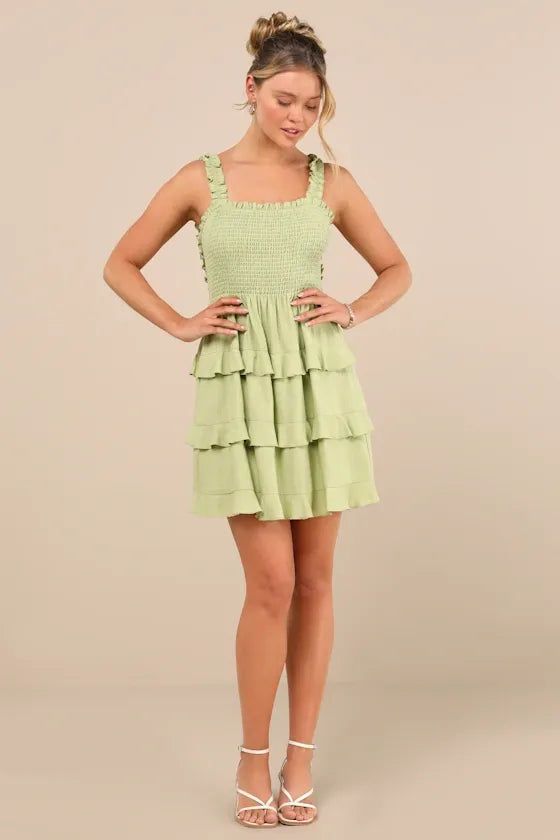 Super Sweet Lime Green Smocked Ruffled Tie-Back Mini Dress