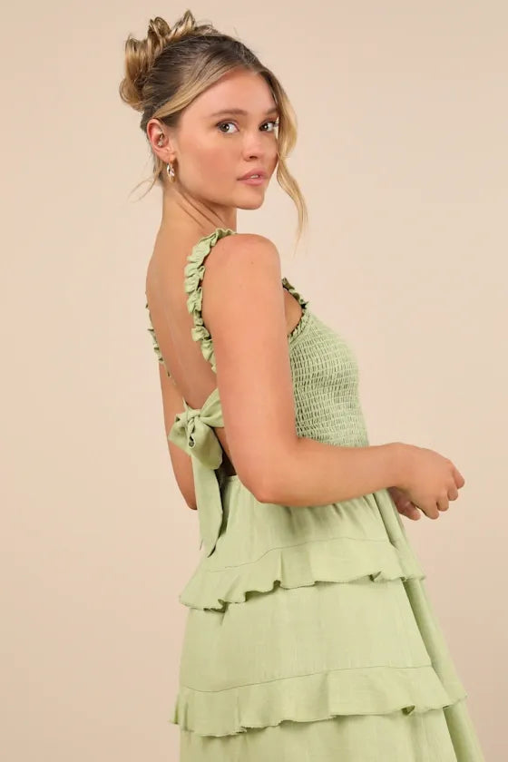 Super Sweet Lime Green Smocked Ruffled Tie-Back Mini Dress