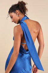 Reglan Blue Satin One-Shoulder Sash Midi Dress