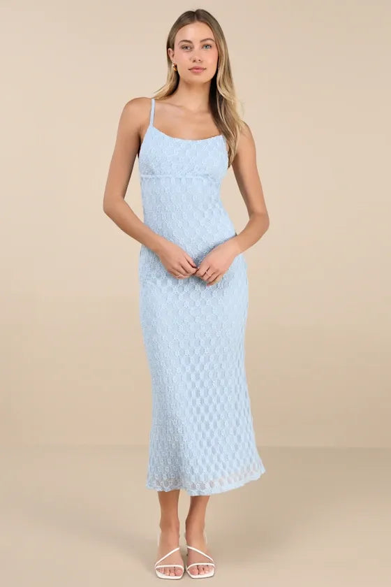 Lucky Girl Light Blue Sleeveless Lace Midi Dress