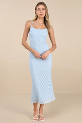 Lucky Girl Light Blue Sleeveless Lace Midi Dress