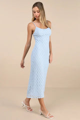 Lucky Girl Light Blue Sleeveless Lace Midi Dress