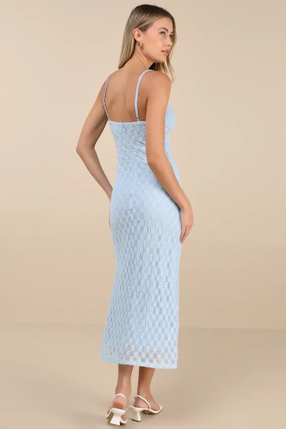 Lucky Girl Light Blue Sleeveless Lace Midi Dress