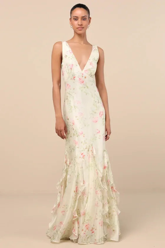 Deluca Cream Floral Sleeveless Ruffled Maxi Dress